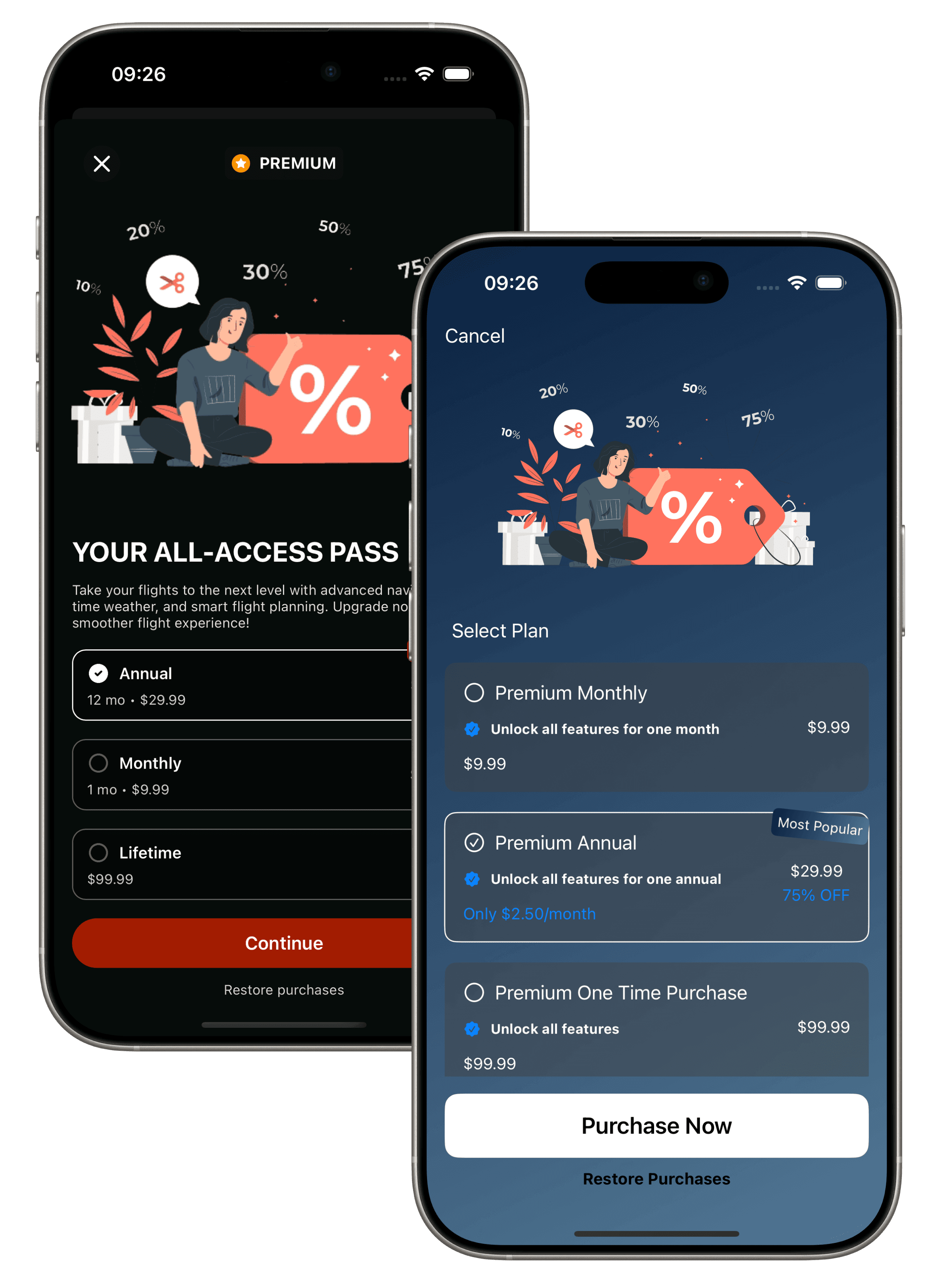 SwiftUI paywall screen with RevenueCat and StoreKit2 integration