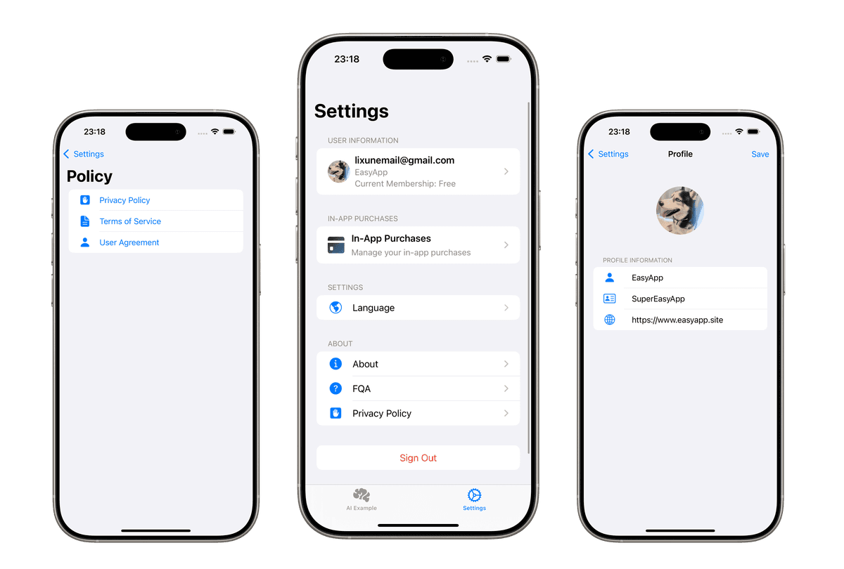 SwiftUI settings screen with user profile and subscription management